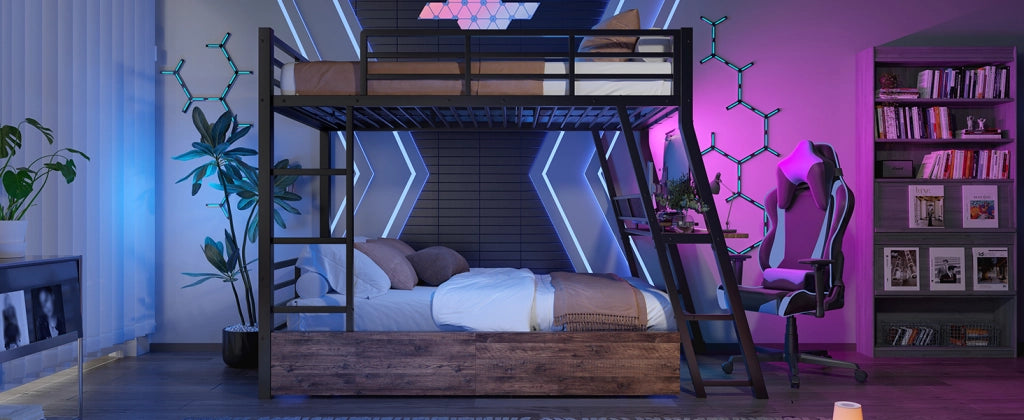 DESMIU Letto a Soppalco 90 × 200 cm 1 Posto con Scrivania, 2 Cassetti, LED Regolabile e Scala, Senza Materasso