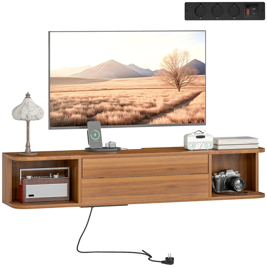 Mobile TV Sospeso con Porta USB e Tipo C ¨C Xylo ¨C Cassetto e Ripiani, Noce, 120x24x22.4 cm