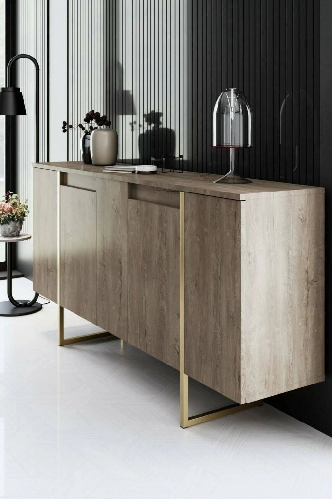 Credenza Arta, Buffet da soggiorno, Madia da salotto, Dispensa da cucina, 160x35h80 cm, Noce e Oro