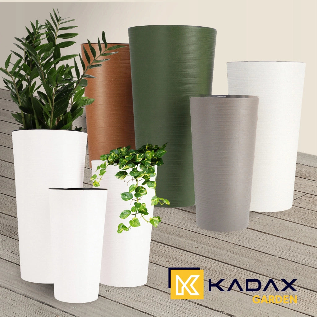 Set di 3 vasi da fiori KADAX, vasi da giardino + inserti, alti, grandi, bianchi, 37+47+57 cm