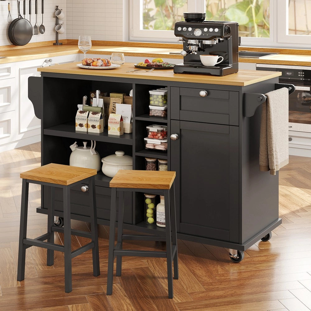 Carrello da Cucina con Cassetti e Ripiani ¨C Xylo ¨C Nero, Piano in Legno, 129x46x92 cm