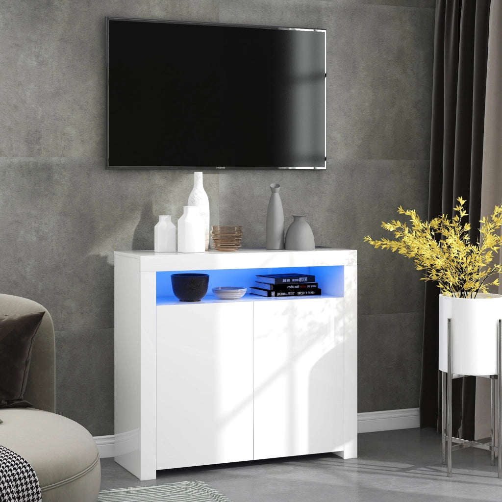 Credenza con 2 ante; vano aperto; LED e USB - per soggiorno - 108x40x92 cm - bianco