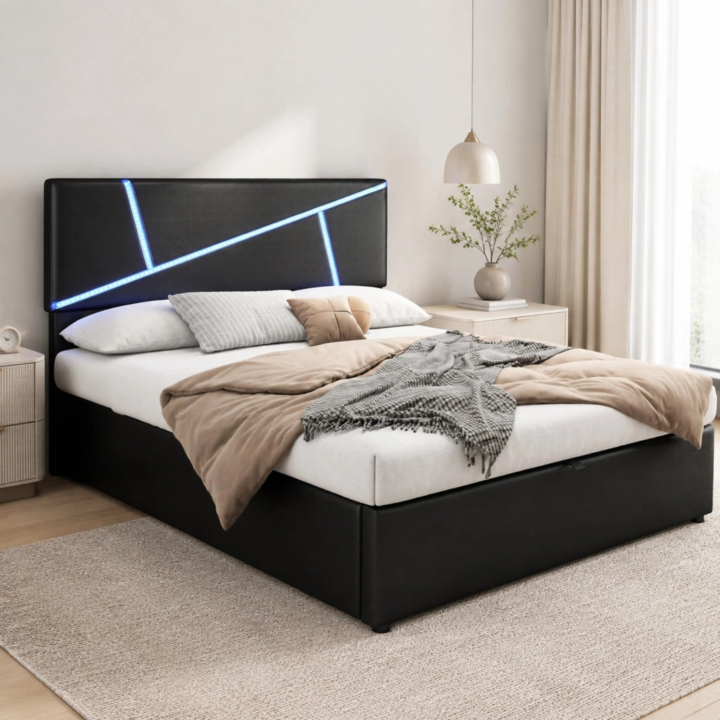 Letto imbottito matrimoniale con LED, contenitore idraulico e rete a doghe, PU nero
