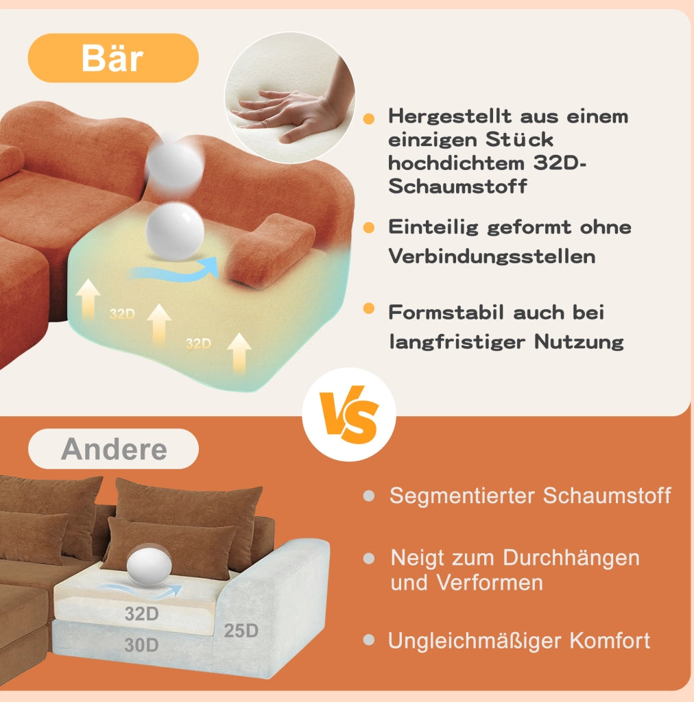 Divano angolare modulare 4 posti con ottomana 384x167x70 cm in velluto arancione