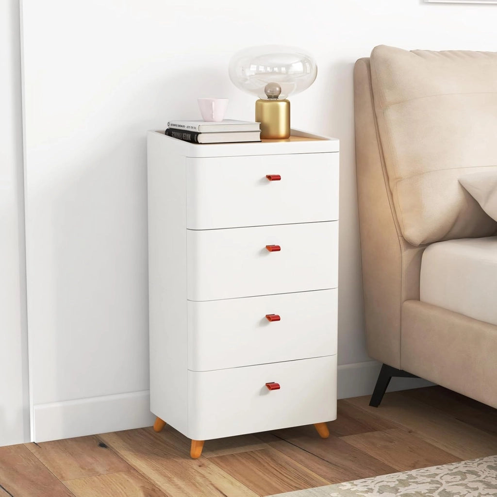 Cassettiera con 4 cassetti, cassettiera con vassoio portaoggetti rimovibile e gambe in legno, piccolo armadietto multiuso, bianco, 42 x 32 x 81 cm