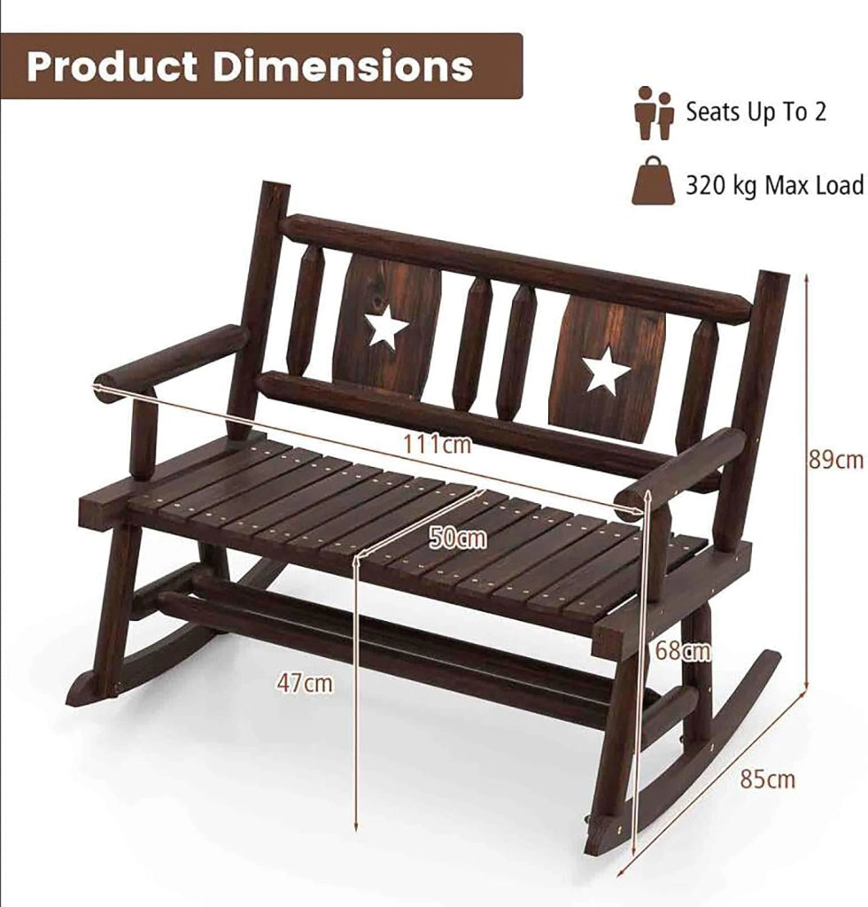 Sedia a Dondolo 2 Posti da Balcone, Panchina a Dondolo da Giradino in Legno di Pino e Abete, Sedia Dondolo Ergonomica Esterno Portato 320kg con Schienale e Braccioli, 111x85x89cm, Marrone