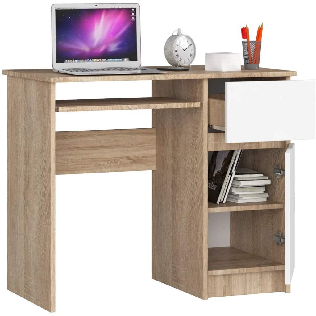 Scrivania per computer AKORD PIKSEL Sonoma Quercia 90 cm 1 anta 1 cassetto inserto frontale Bianco 90x50x77 cm Modello a destra