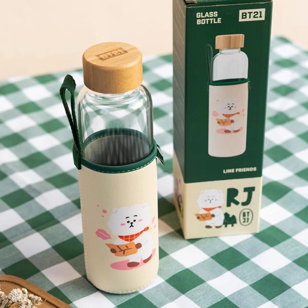 Borraccia in vetro riutilizzabile da 500 ml con motivo RJ e custodia Bianco / Verde Line Friends BT21