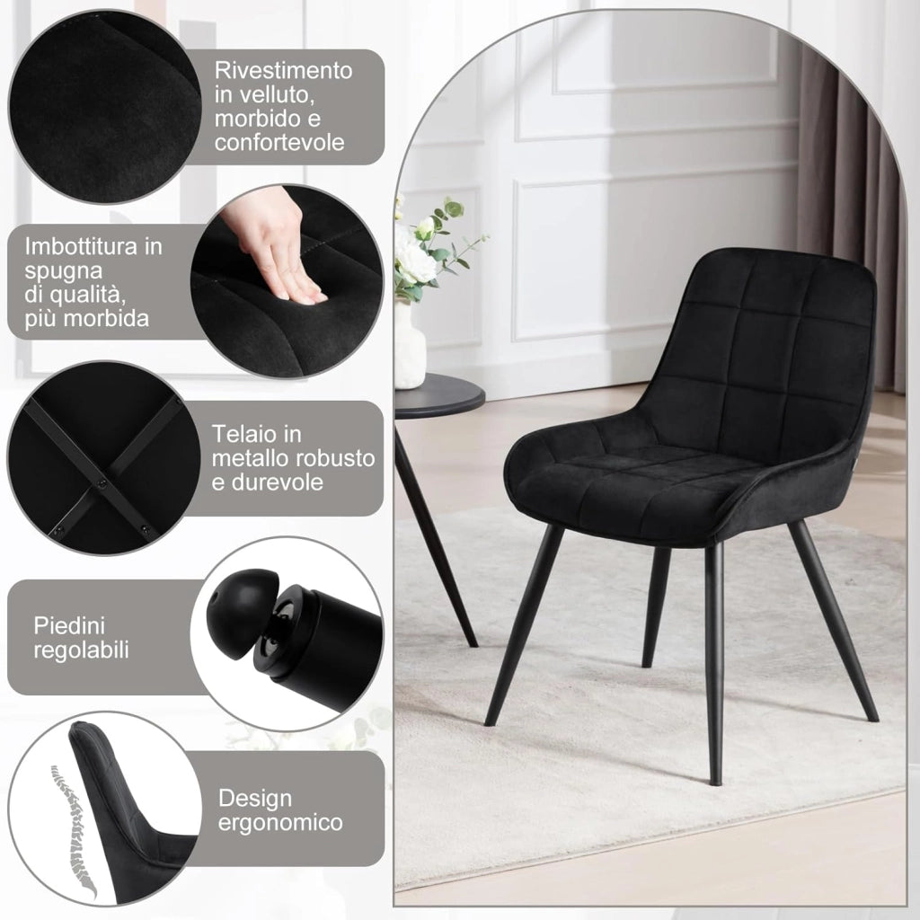 Set di 2 Sedie da Pranzo con Schienale Curvo, Sedie Ergonomiche in Velluto e Metallo, Poltroncina imbottita per Salotto, Ufficio, Camera da Letto, Nero BH331sz-2