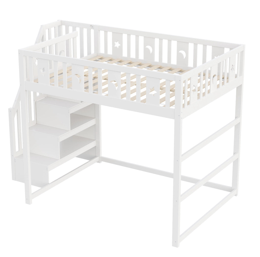 Letto a soppalco 140x200 cm con scala; ripiani e zona divano bianco