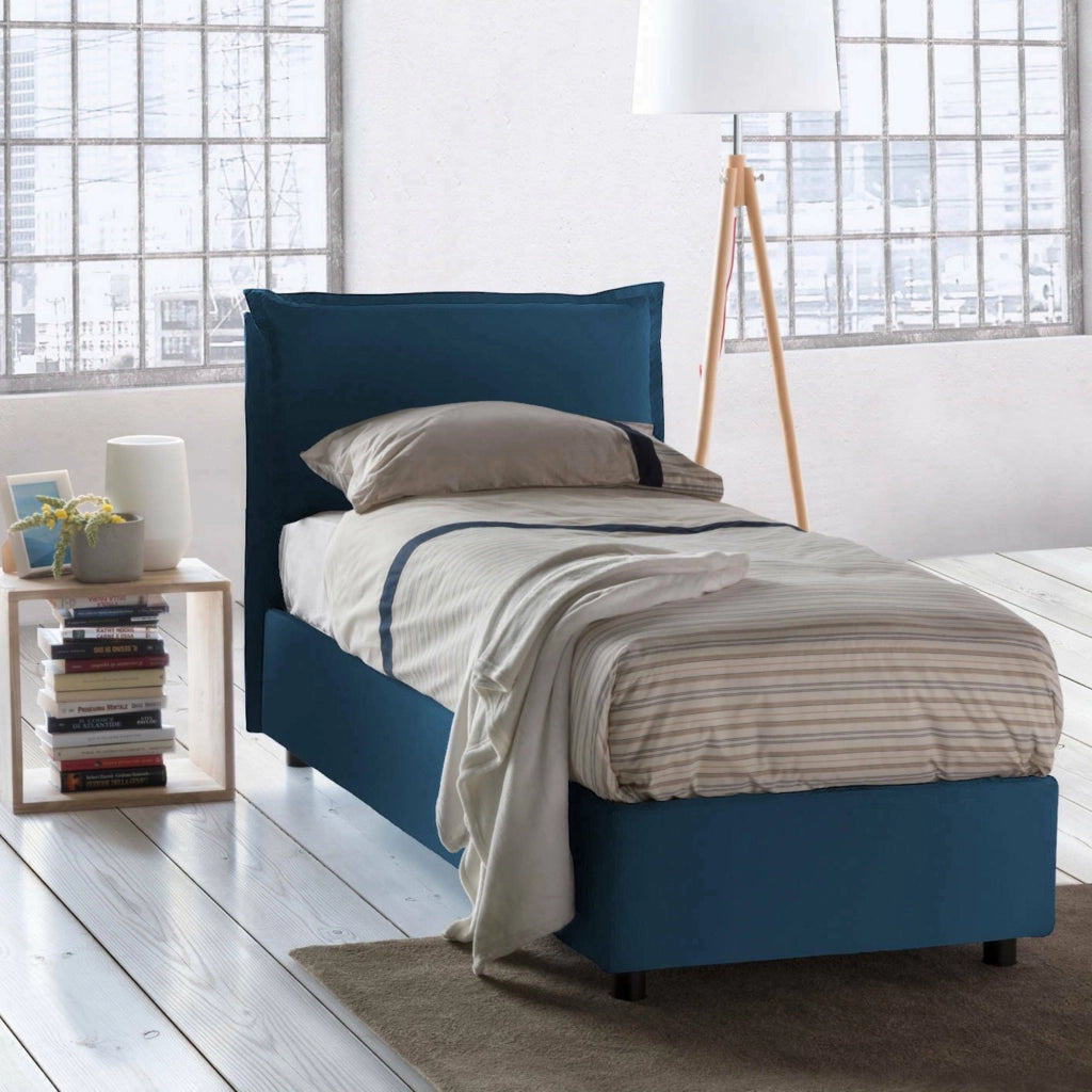 Letto singolo Aren, Letto contenitore con rivestimento in tessuto, Made in Italy, Apertura laterale, con materasso cm 80x190 incluso, Blu