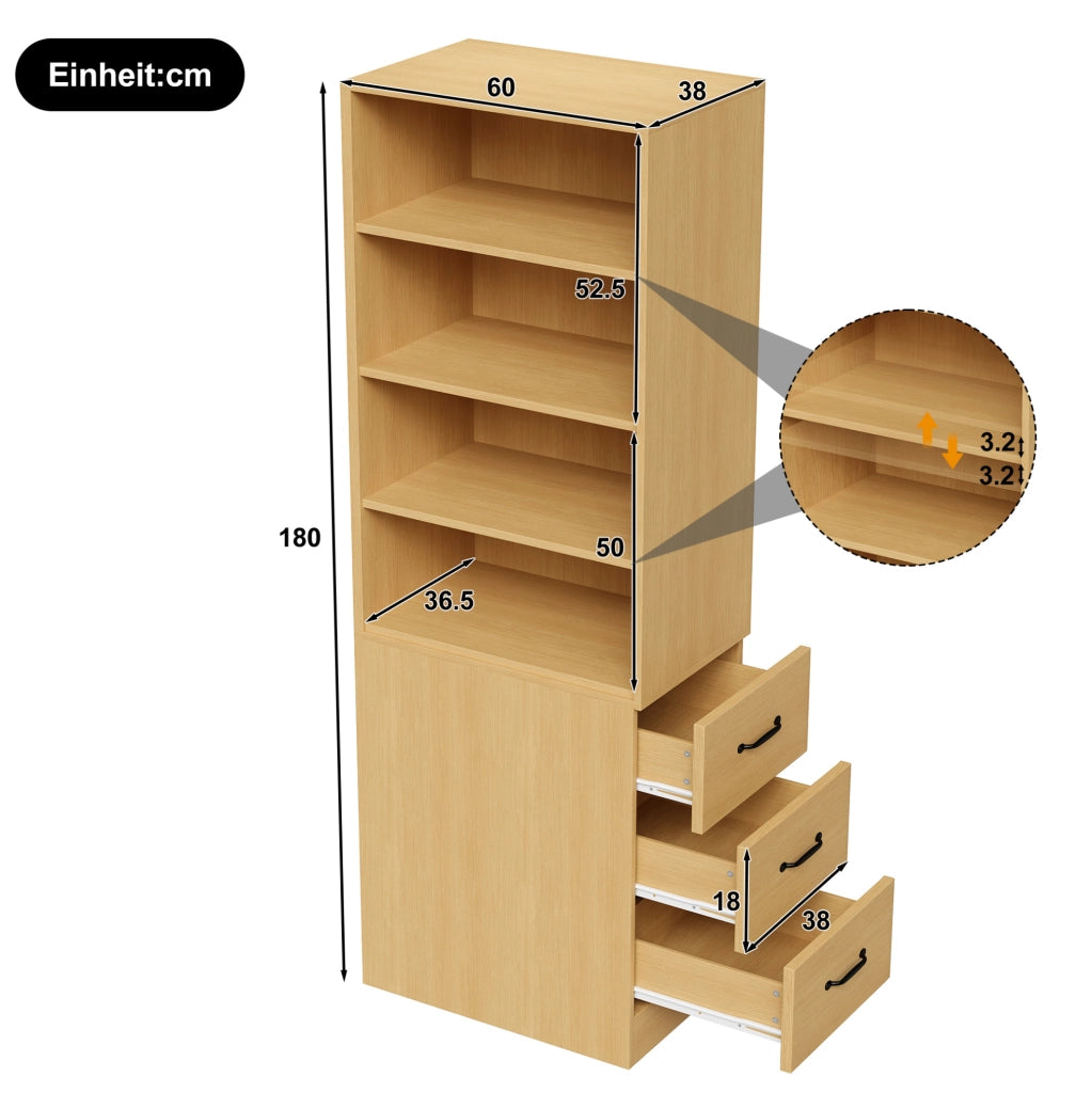 Libreria stretta in rovere 60x38x180 cm con 3 cassetti