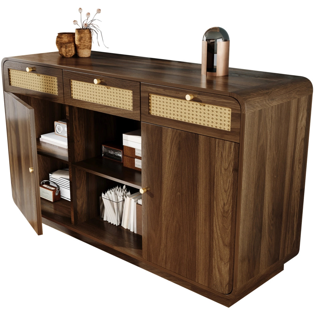 Credenza 120x40x85 cm in MDF e truciolare; 3 cassetti; ante e ripiani; effetto noce