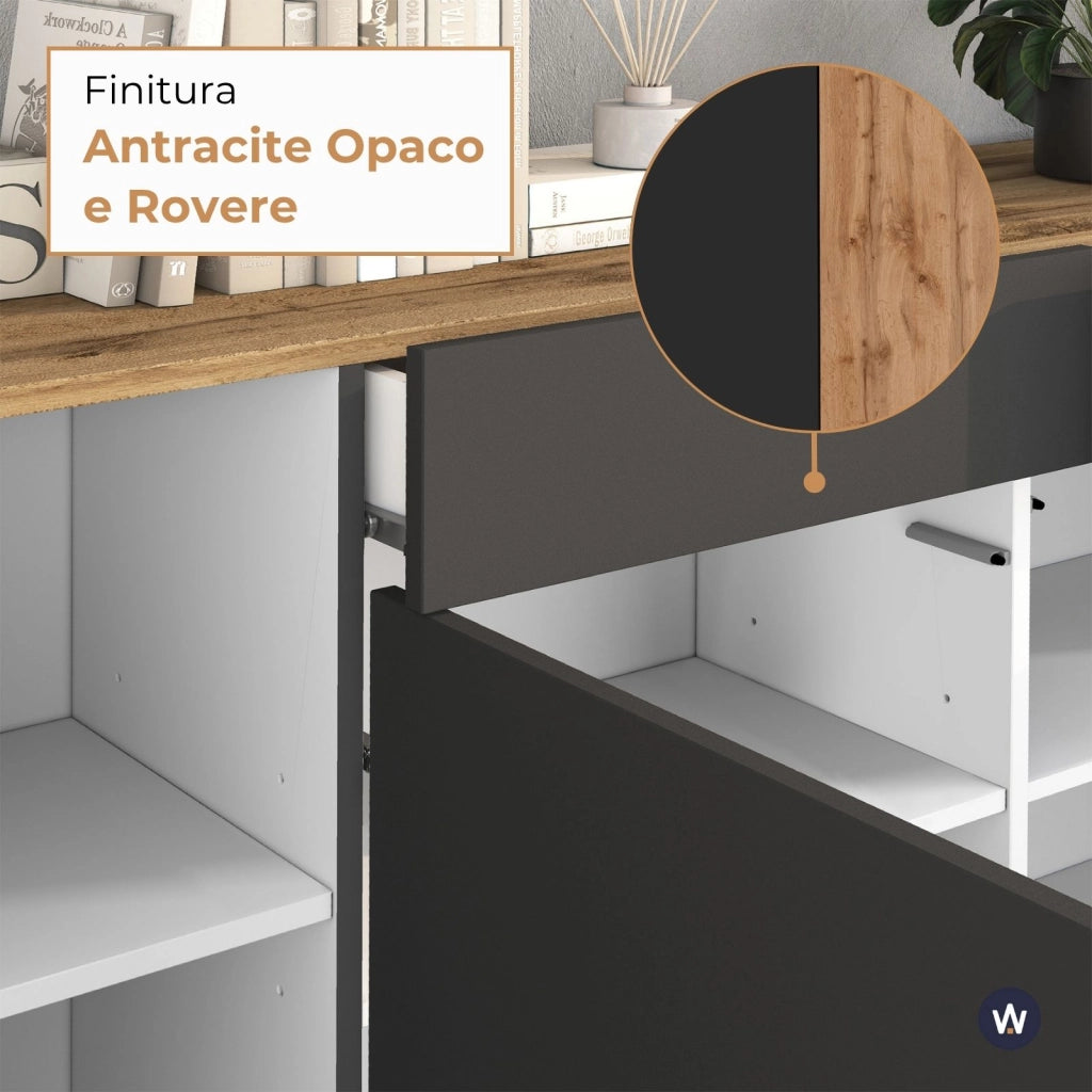WHOUS Madia Garda a 4 ante e 2 cassetti antracite opaco/rovere 200x35x71 cm