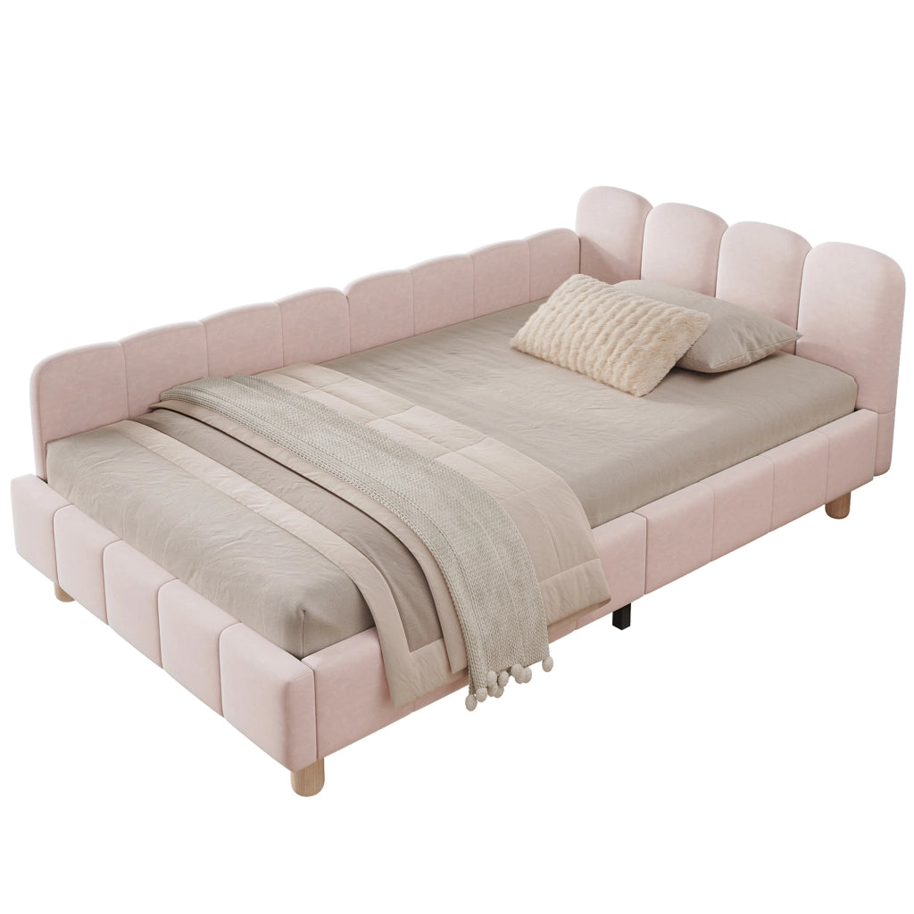 Letto singolo imbottito per bambini 90x200 cm in velluto rosa con testiera ergonomica