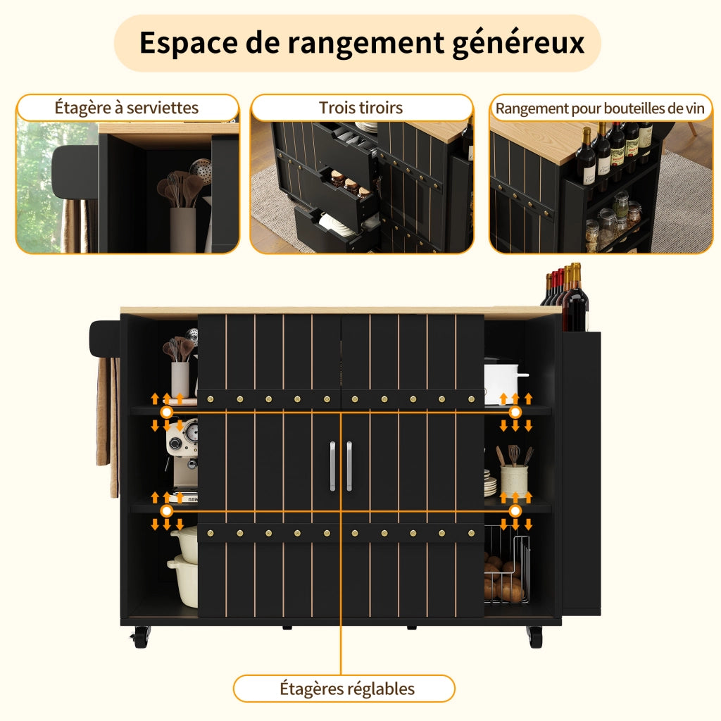 Carrello da Cucina con 3 Cassetti; 2 Ante Scorrevoli; Ripiani Regolabili; Portasciugamani e Ruote; in MDF; Nero; 110 x 42 x 90 cm