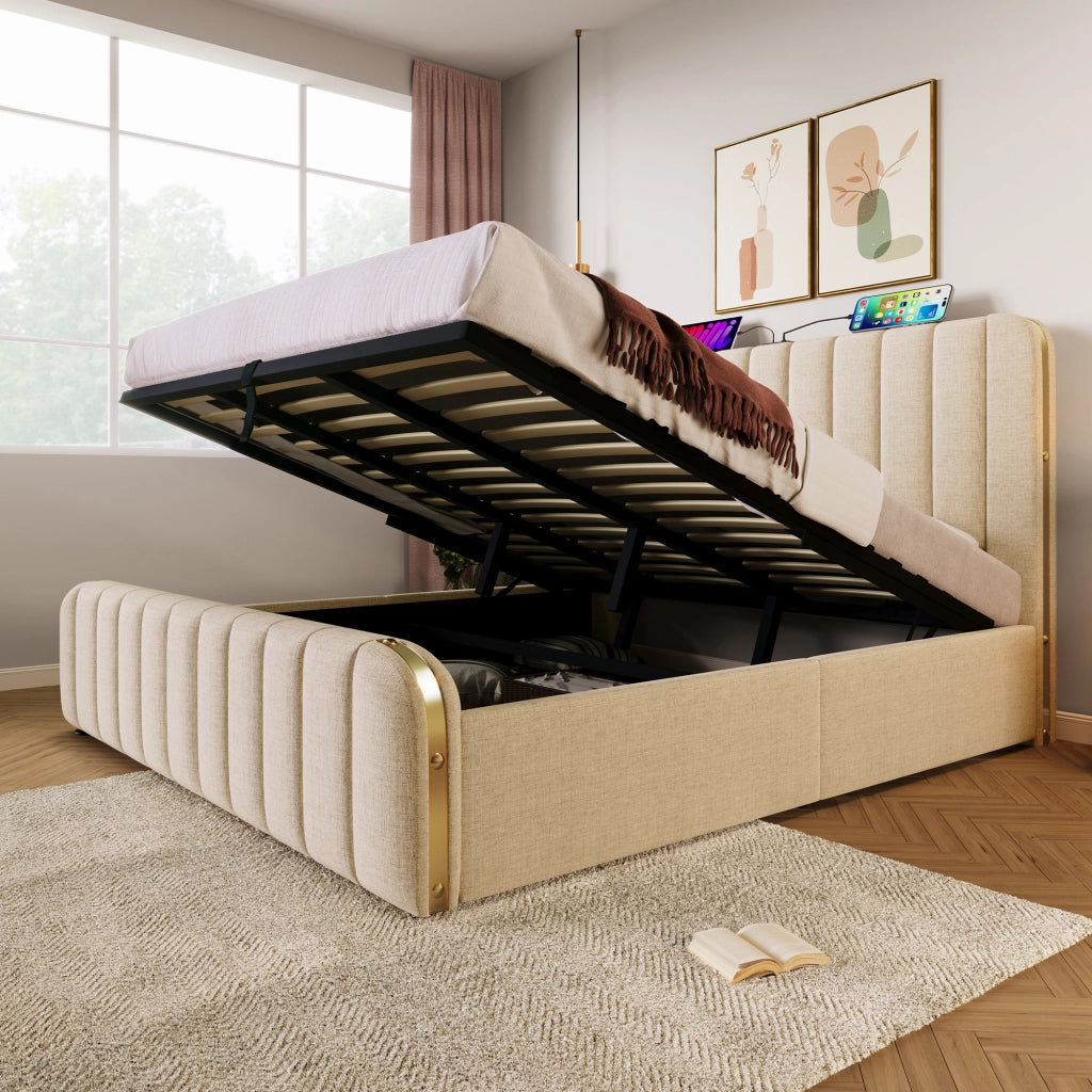 LETTO Contenitore 180x200 cm Beige in lino con USB Type-C