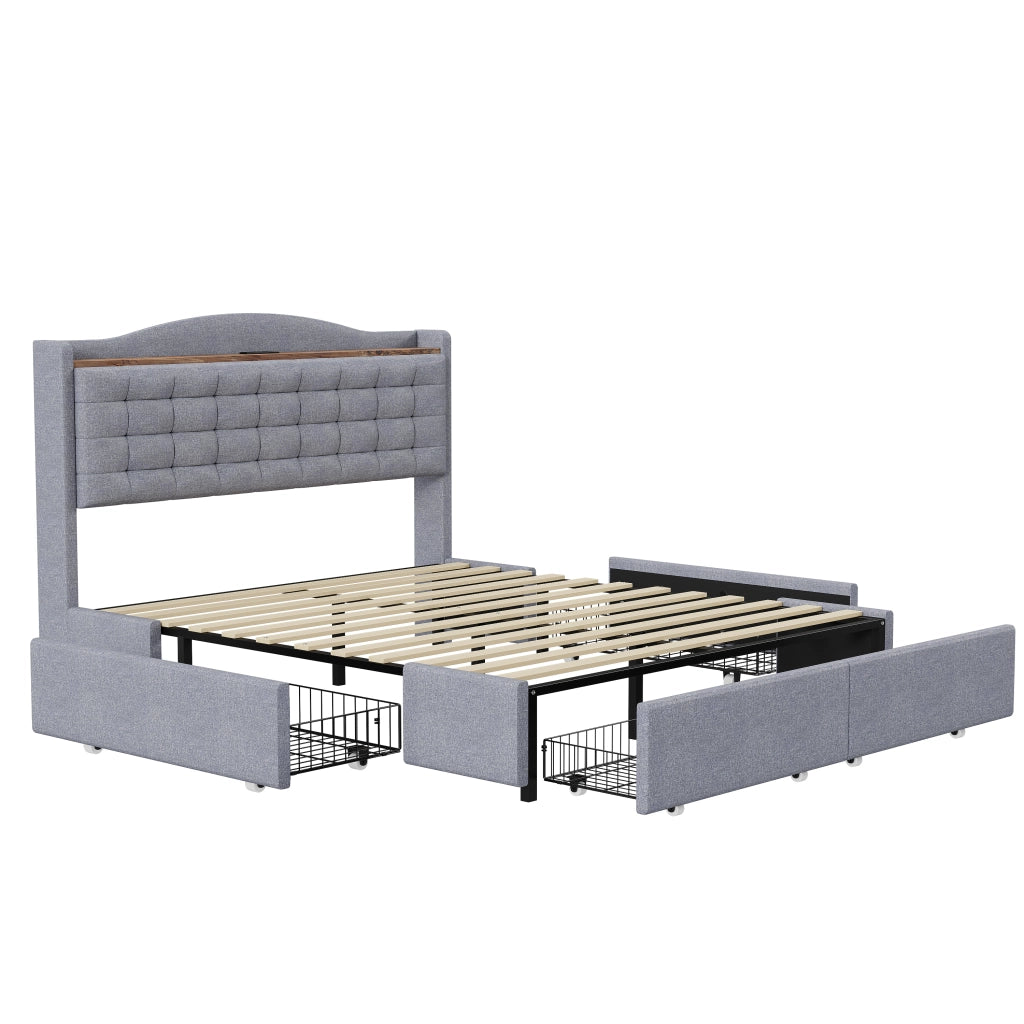 Letto Contenitore 140x200 cm; Letto Matrimoniale con USB; 4 Cassetti e Ripiano in Grigio