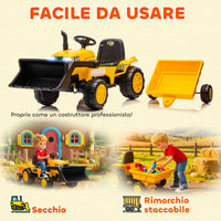 Escavatore per Bambini Elettrico 12V con Benna Rimorchio e Telecomando Età 3-8 Anni Giallo