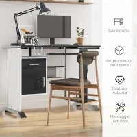 Scrivania per Computer con Ripiano, Cassetto e Armadietto, in MDF e Ferro, 100x52x75 cm, Bianca e Nera