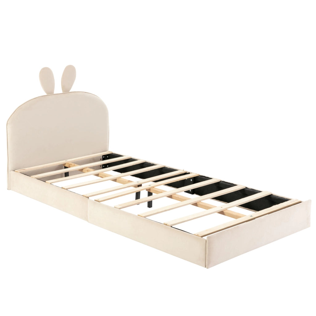 OKWISH Letto Bambini 90×200 cm, Letto Singolo con Testiera Coniglio, Doghe in Legno e Rivestimento, senza Materasso, Beige