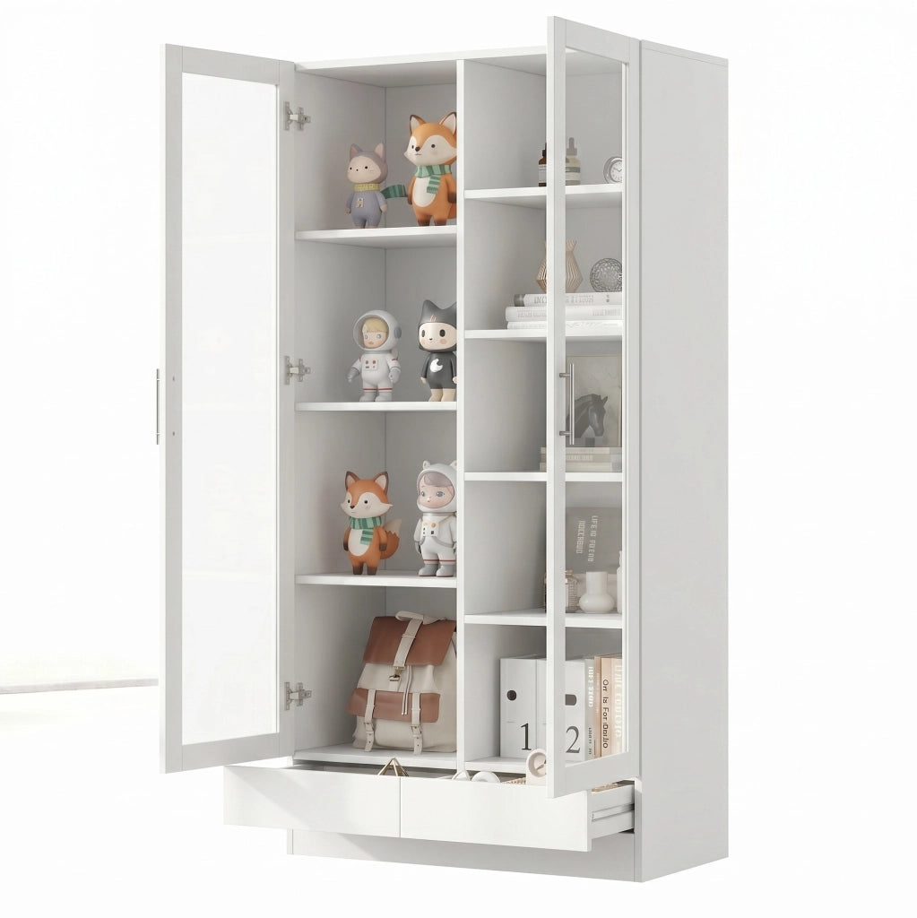 Mobile vetrina alto con 2 cassetti; 4 ripiani a sinistra e 5 a destra; 160x40x80 cm; bianco
