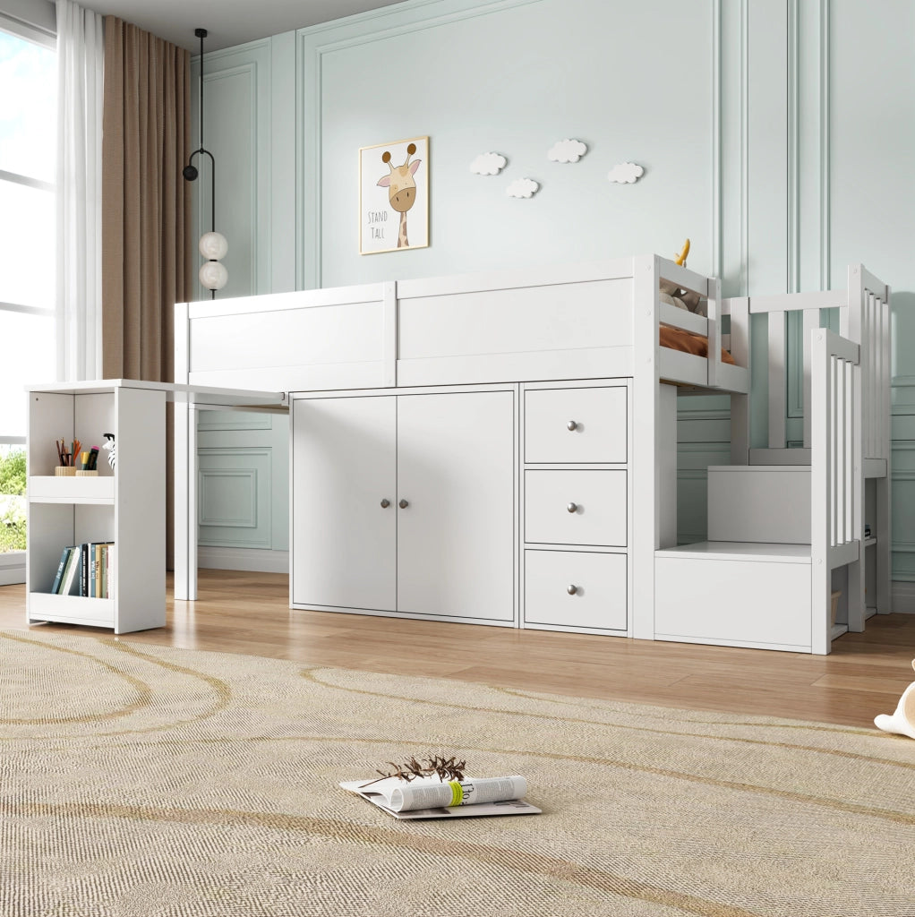 Letto a soppalco per bambini 90x200 cm bianco con scrivania estraibile e armadi