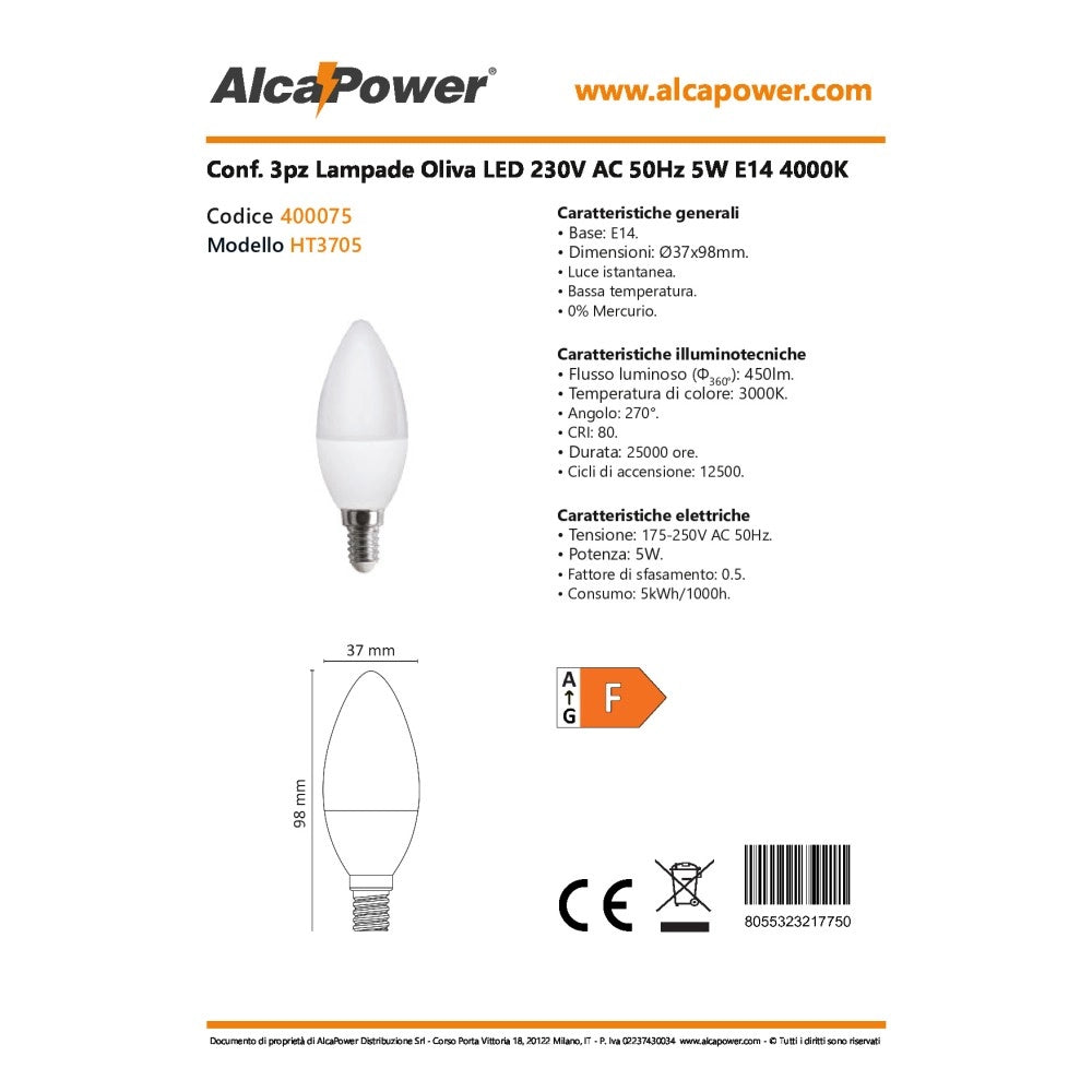 Alca power c37 5w 220v 400lm 4000k e14 lampada mini oliva a led box da 3pz
