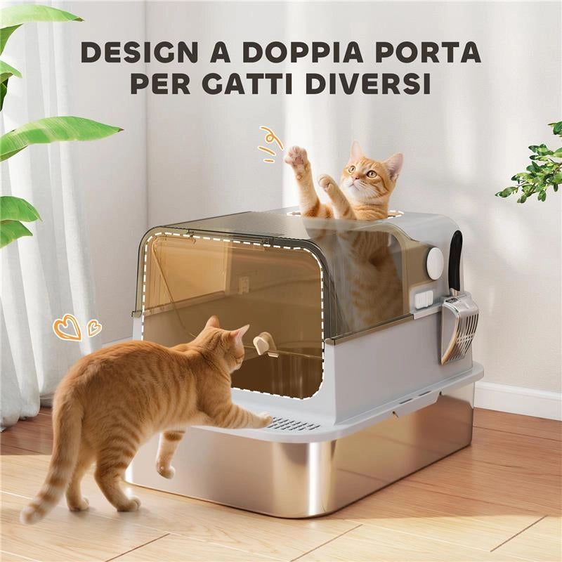 LETTIERA PER GATTI CHIUSA XXL IN ACCIAIO INOX, COPERCHIO APRIBILE A 90¦ E DOPPIE PORTE, 70X50X46.5 CM, GRIGIO