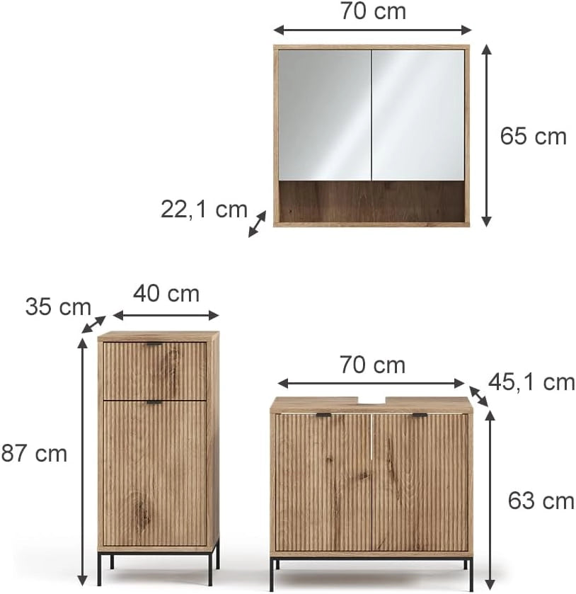 Set di mobili da bagno Eliza, Quercia vichinga, 70 cm, composto da mobile sottolavabo, specchiera e mobile medio
