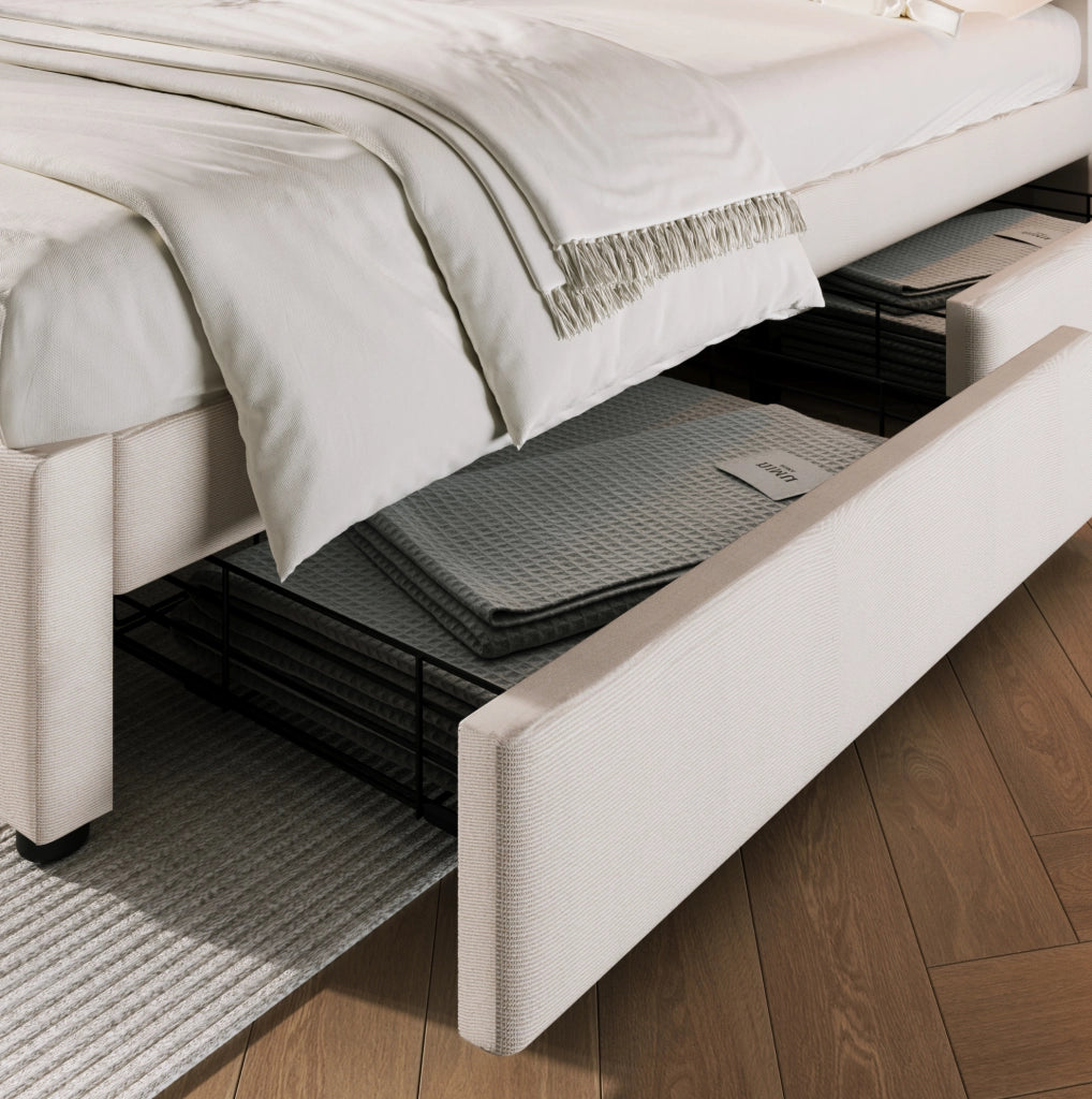 Letto beige in lino con testiera regolabile; 4 cassetti; vani contenitore; prese USB e Type-C