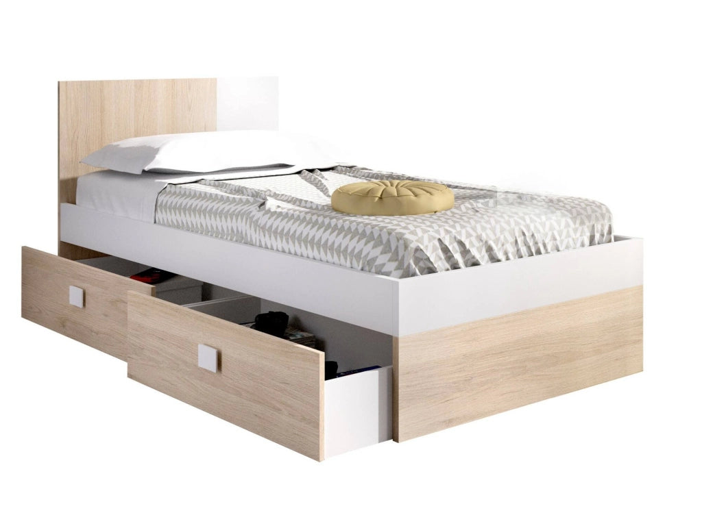 Letto singolo Rashmi, Sommier per camera da letto, Giroletto per stanza, Struttura porta materasso, 97x196 h79 cm, Bianco e Rovere