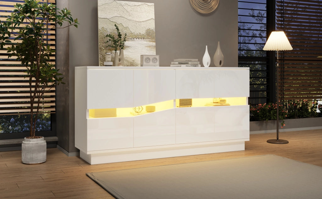 Credenza bianca lucida 140 x 35 x 70 cm con 4 ante LED in acrilico