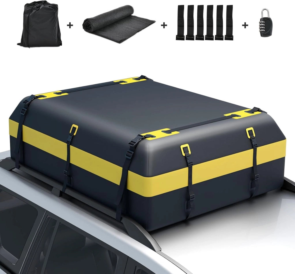 Borsa da Tetto per Auto Impermeabile 21Cu.Ft/595L, Box Tetto Universale con Tappetino Antiscivolo+ 10 Cinghie+ 6 Ganci, Sacca per Auto con/senza Barre Portapacchi(Giallo)