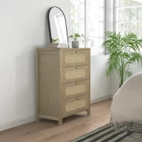 Cassettiera 4 cassetti in stile boho con ante in resina intrecciata, 70x38x93 cm, Legno Naturale