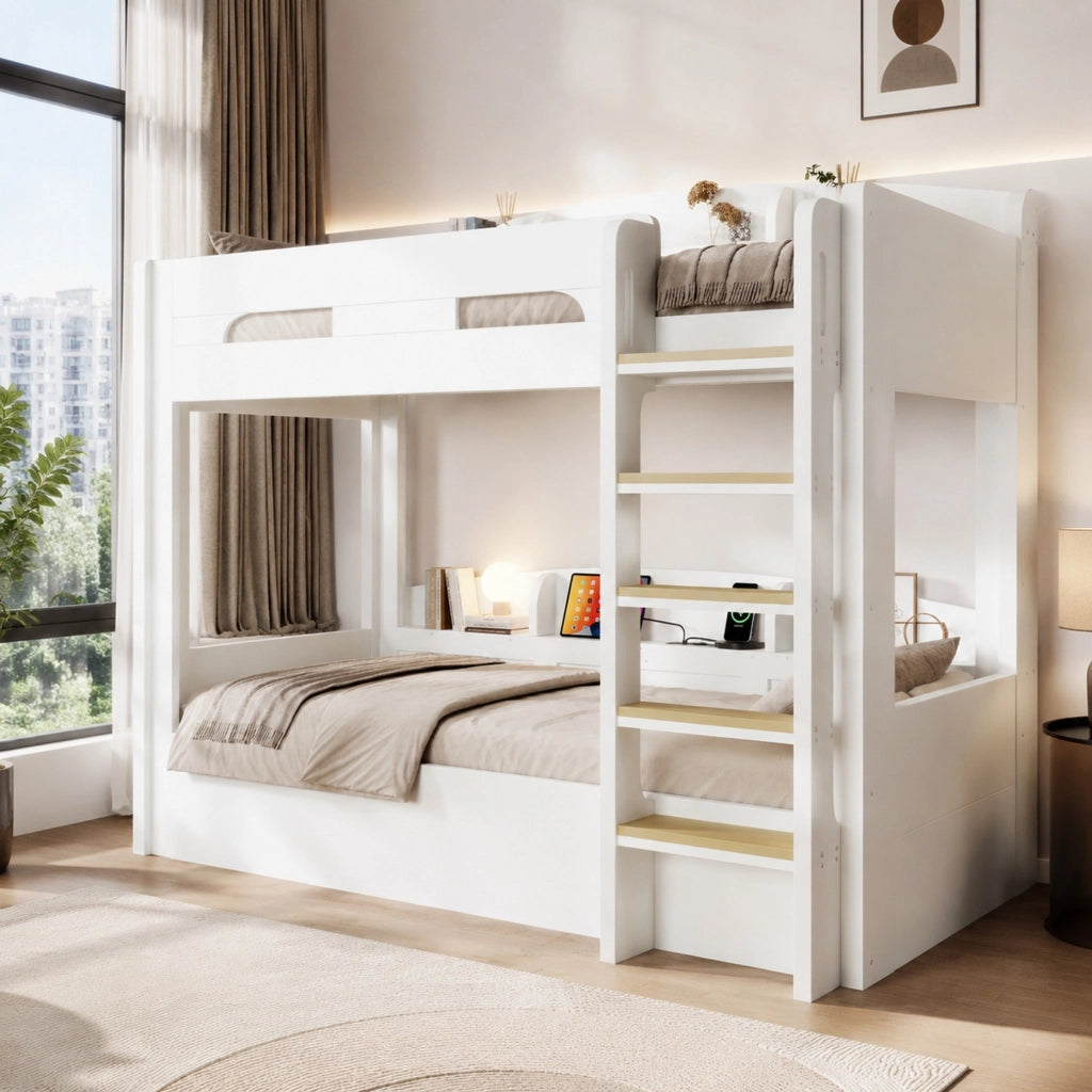 Letto a soppalco 90x200 cm con presa USB e ripiani laterali