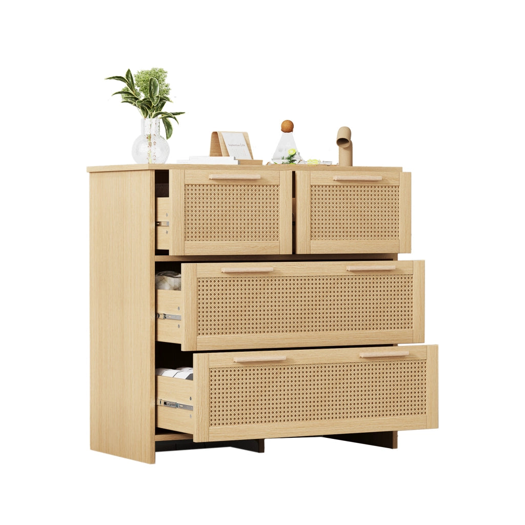 OKWISH Comò in Rattan con 4 Cassetti e Dispositivo Antiribaltamento, per Camera o Ingresso, MDF, Naturale, 80 × 38 × 80 cm