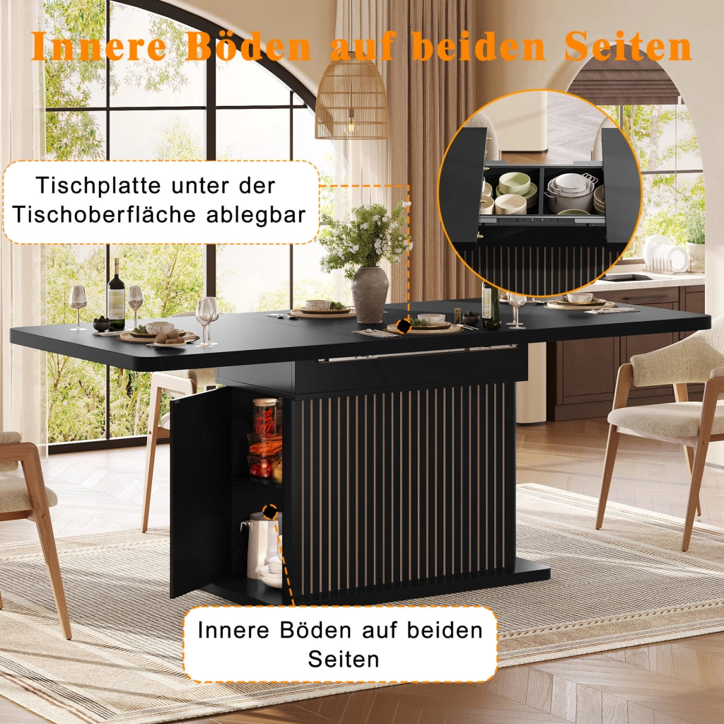 Tavolo da pranzo allungabile 120-160 cm con contenitore; MDF e metallo; nero