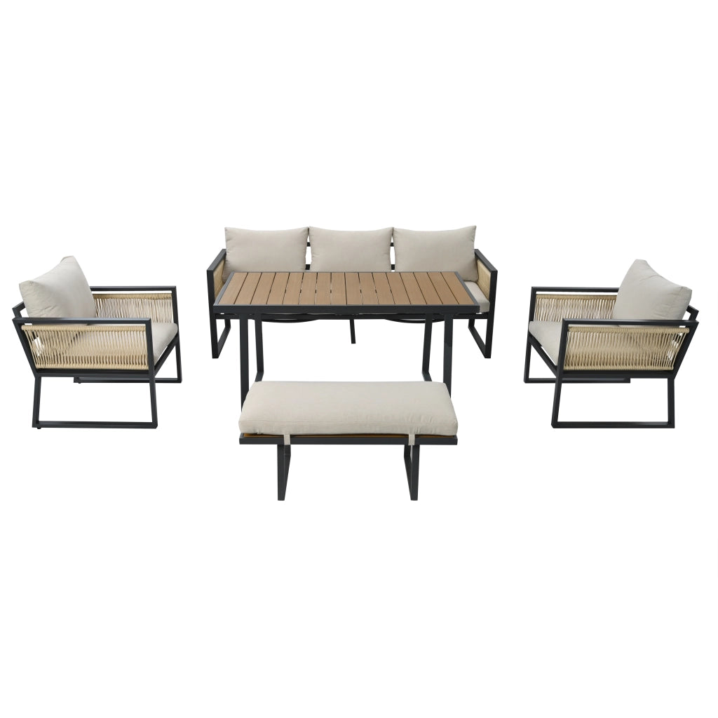 Set Salotto da Giardino 5 Pezzi con Divano, 2 Poltrone, Pouf e Tavolo ¨C MINIMAL ¨C Beige, Acciaio Zincato