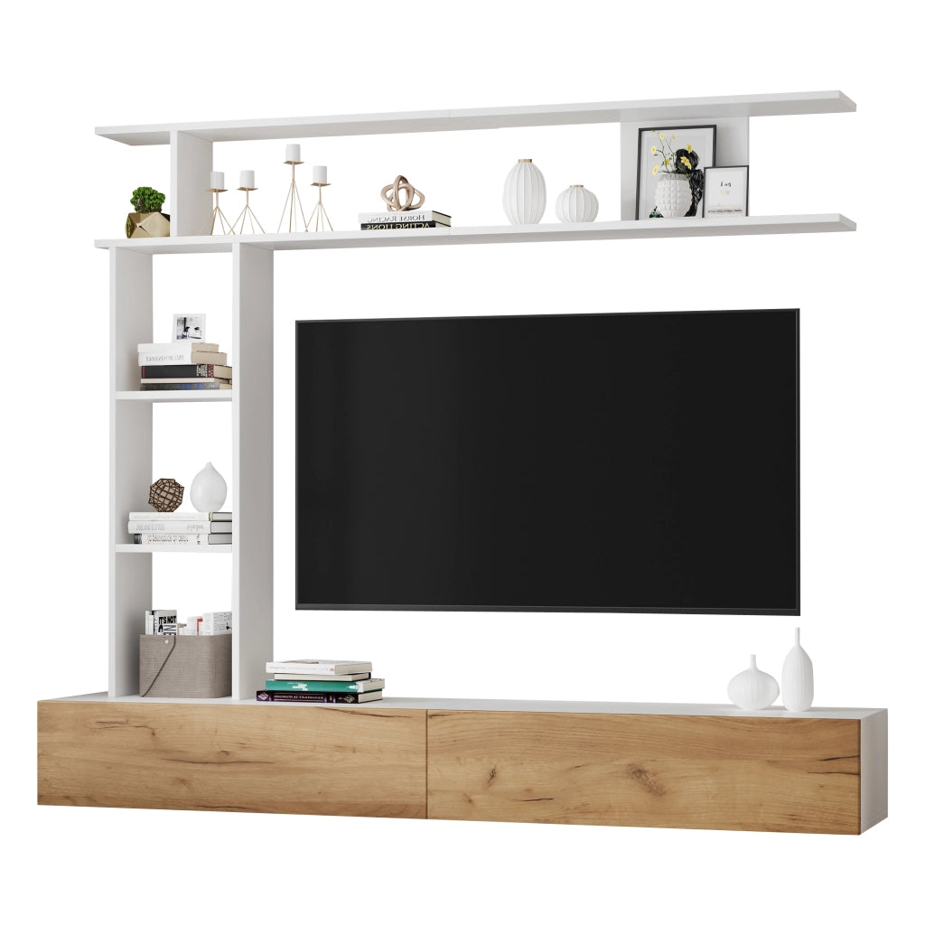 Mobile TV da Parete e Soggiorno con Vetrina e Ripiani ¨C MINIMAL ¨C Bianco/Legno 180x35x22.5