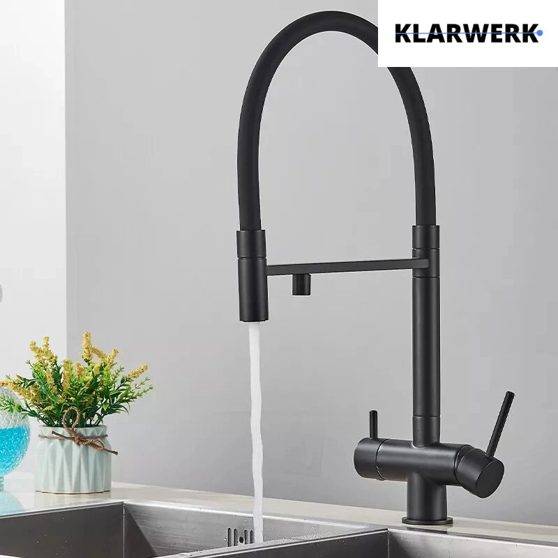 Lana | Rubinetto  estraibile 3 vie nero opaco | miscelatore da cucina per acqua potabile in acciaio inossidabile | Girevole a 360 iltra 3 connessioni
