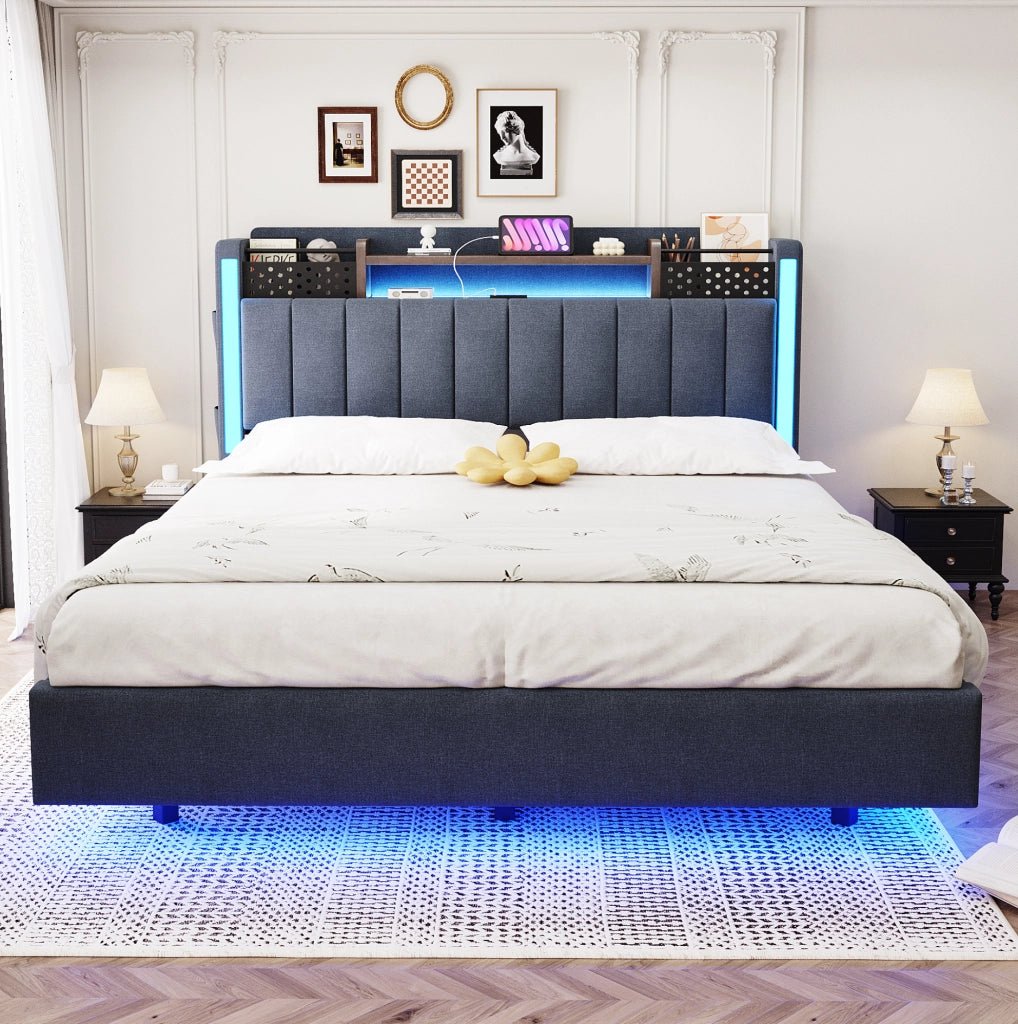 Letto imbottito 140x200 cm con LED; USB e vano contenitore nella testiera; lino grigio