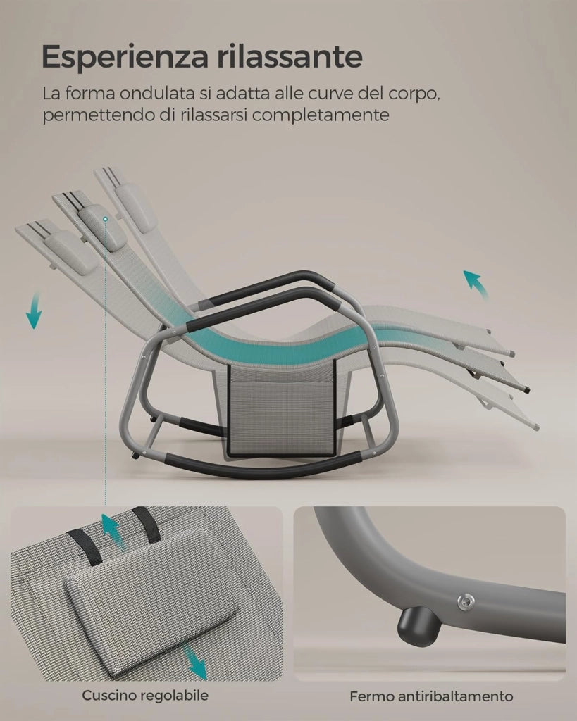 SONGMICS Sedia a Dondolo, Sedia a Sdraio con Fermi Antiribaltamento, Cuscino Regolabile, Telaio in Acciaio, Tessuto Respirante, Tasca Portaoggetti, 156,2 x 97,3 x 151 cm, Grigio Tortora GCB230G01