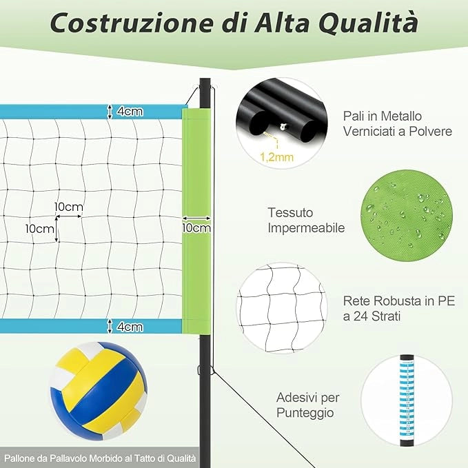 Rete da Pallavolo per Esterni Portatile, Rete con Pali Regolabili in Altezza, Anti-Afflosciamento, Pallavolo, Pompa, Martello, Linea di Confine e Borsa, per Giardino e Spiaggia