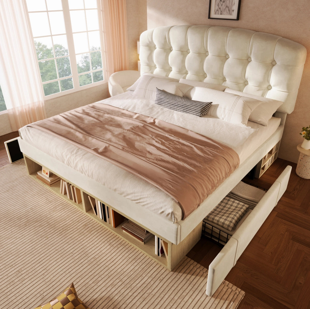 Letto imbottito beige 140x200 cm con cassetti e rete