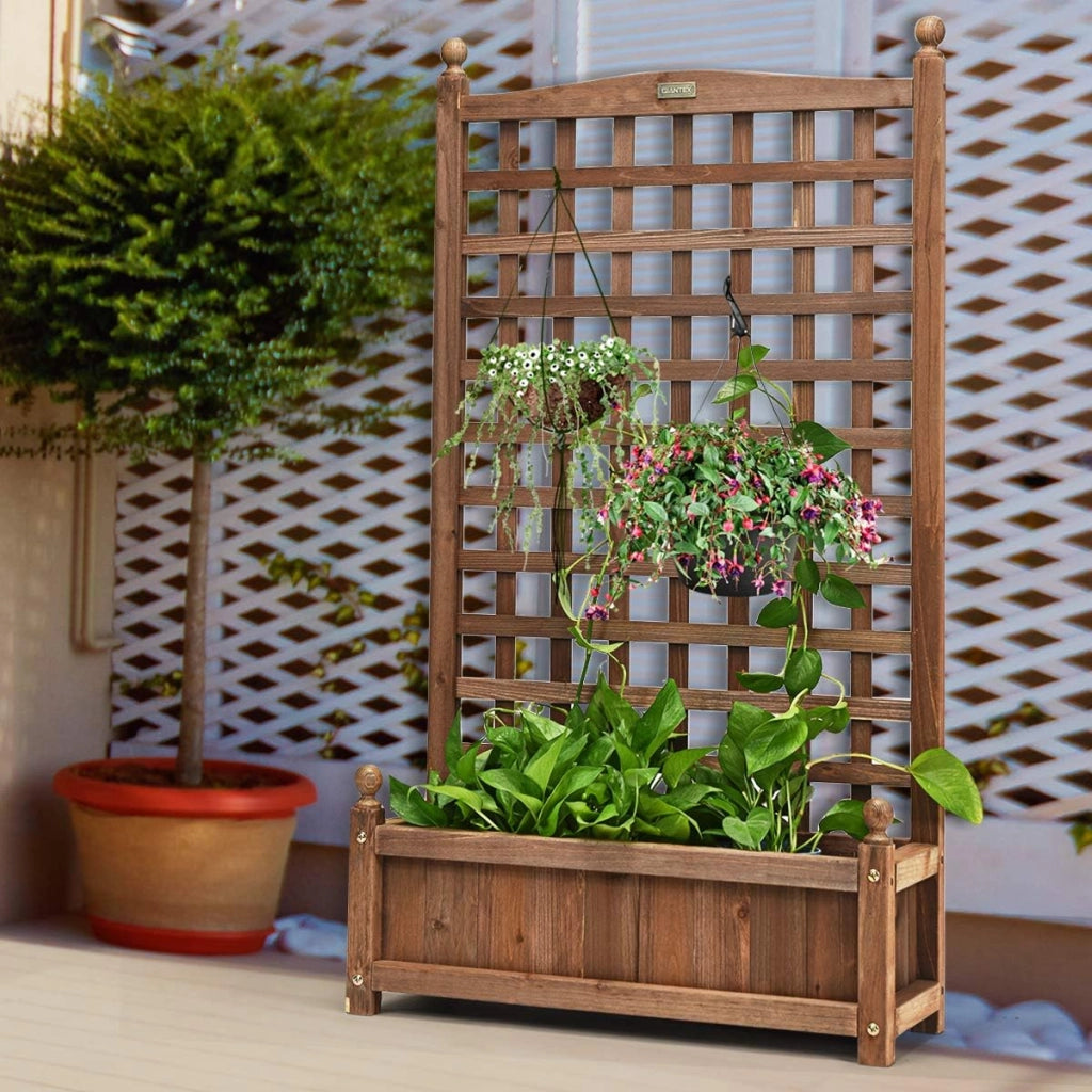 Fioriera da Esterno in Legno Massiccio con Traliccio, Letto Rialzato con Grigliato per Piante Rampicanti e Fiori, Fioriera Resistente alle Intemperie per Giardino, Patio e Cortile