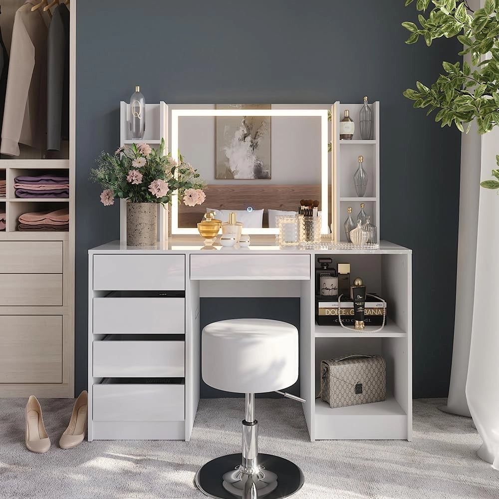 Tavolo da toeletta Sherry, Bianco/bianco lucido, 128.2 cm 5 parti