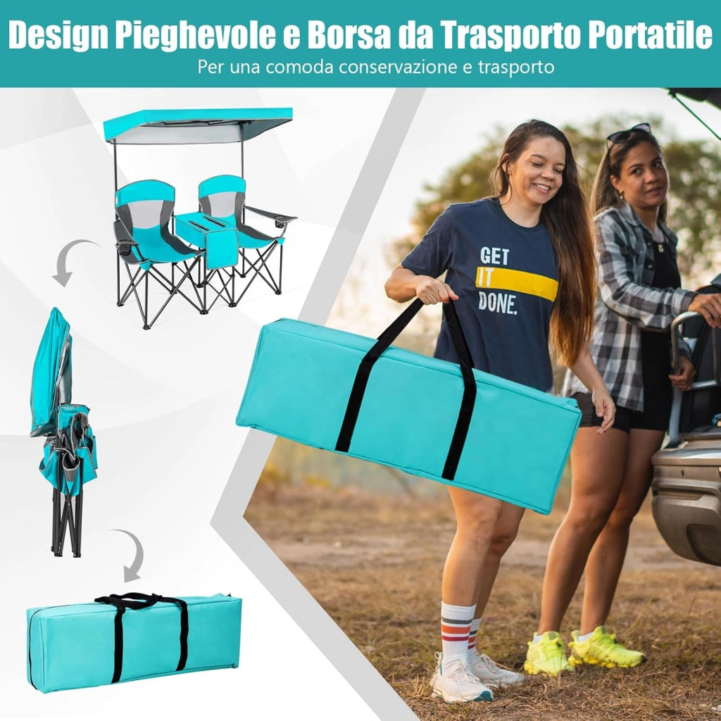 Sedie da Campeggio Pieghevoli, Panchina da Picnic a 2 Posti Regolabile con Tettoia, Sedia Portatile e Pieghevole per Campeggio, Spiaggia, Giardino (Blu Marino)