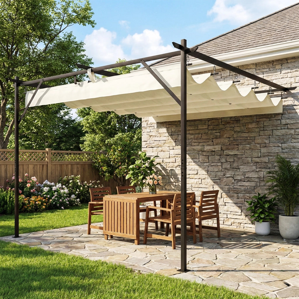 Pergola Gazebo Addossata 3x3 m con Tetto Scorrevole ¨C zephmum ¨C Crema