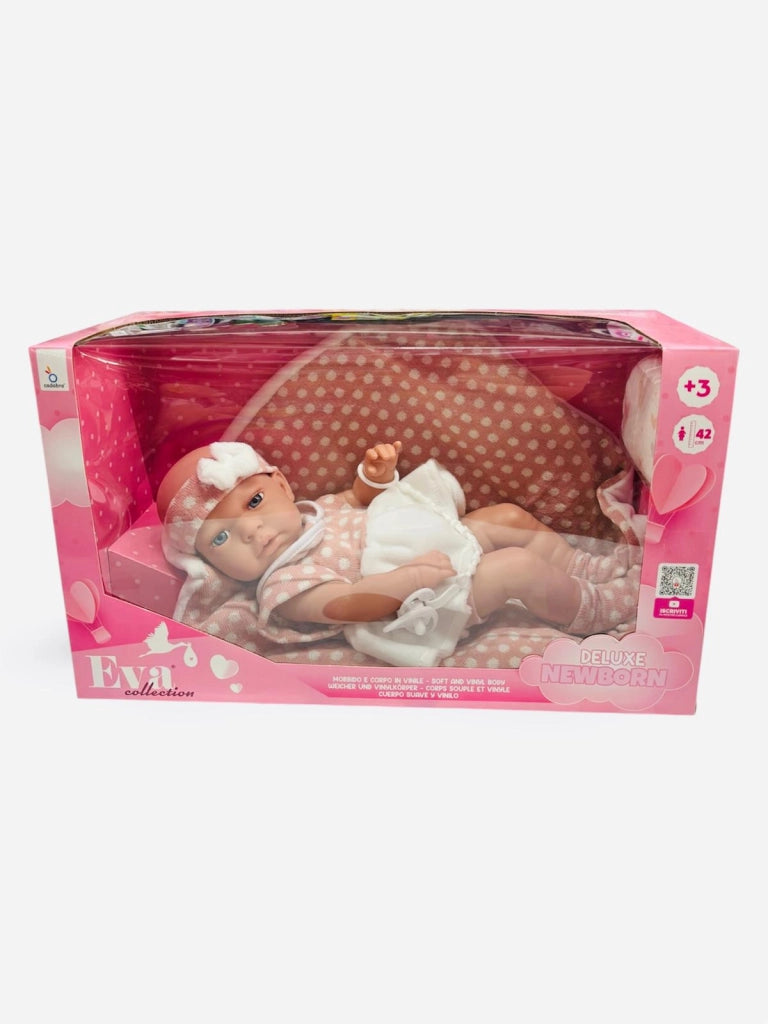 Bambolotto,Eva Collection, con vestito rosa a pallini e copertina a pallini,Hungary Toy,eta 3+